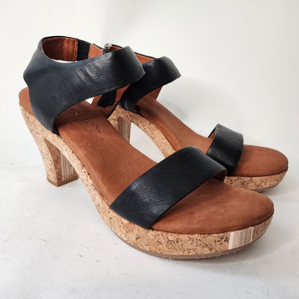 Gentle Souls Spano Cork Heel Sandal Size 10M Black Leather Open Toe Strappy